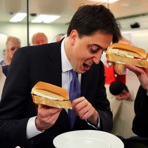 Image similar to Ed Miliband smelling sandwich on his face. Unpleasant aroma. Photo courtesy of BBC