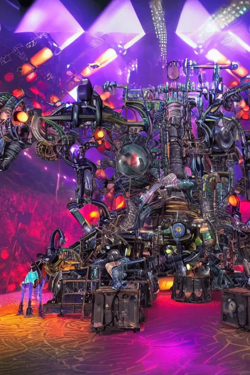 Prompt: a selfie at an outdoor festival stage with audience, on stage is a rockband with 3 steampunk robots with guitars and drums, center of the stage is a big steampunk generator, laser show, 8 k, fluorescent colors, halluzinogenic, multicolored, exaggerated detailed, unreal engine, 8 0 mm lens