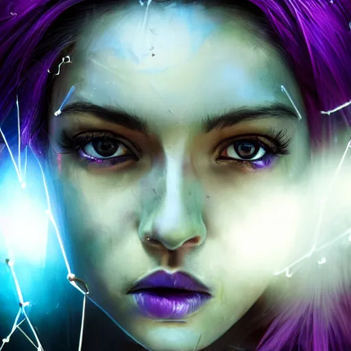 Prompt: extreme close up facial portrait of a beautiful woman with purple hair in sci - fi armor, void energy, glowing pupils, stoic, powerful, by benedick bana and artur bordalo and tom bagshaw and craig davison and guy denning and harumi hironaka, trending on artstation hq, deviantart, pinterest, 4 k uhd image