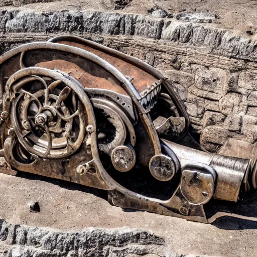 Prompt: this ancient metal machine from 9 0 0 million years ago baffles modern archeologists, award winning photo, 4 k