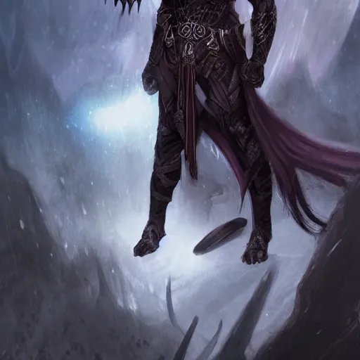 Prompt: male elfish tiefling with long dark hair wearing black armor, fantasy art, sharp image, highly detailed, fantasy, dnd, character art