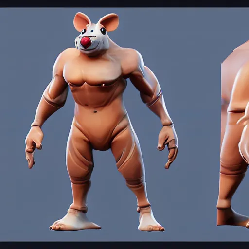 Prompt: a cute muscular rat wearing shorts, 3D render, Z-Brush sculpt, fortnite style