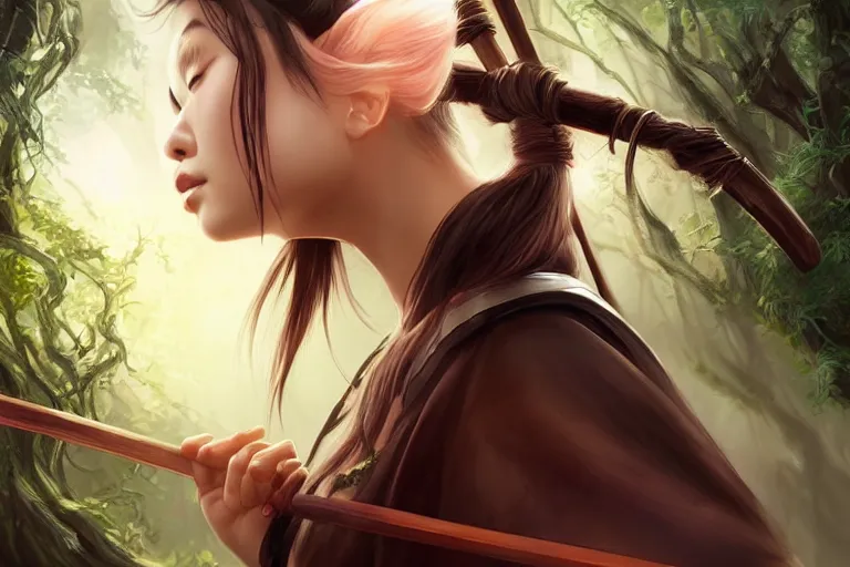 Image similar to beautiful cinematic fantasy poster, asian woman side view using a bokken in forest, wooden sword ; by artgerm ; wayne n reynolds art station ; cinematic quality character render ; high quality ac - h 9 6 0