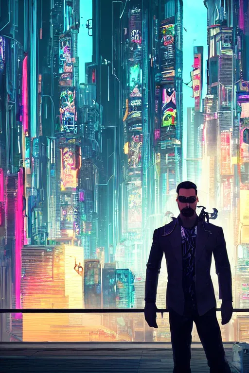 Image similar to portrait of a beautiful cyberpunk man standing in front of a cyberpunk city.