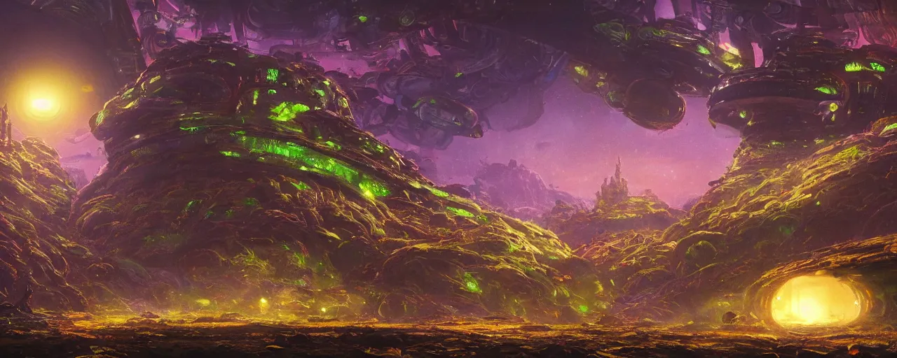 Prompt: ” alien landscape with slimy shiny surfaces, [ cinematic, detailed, epic, widescreen, opening, establishing, mattepainting, photorealistic, 4 k, octane render, art by paul lehr ] ”