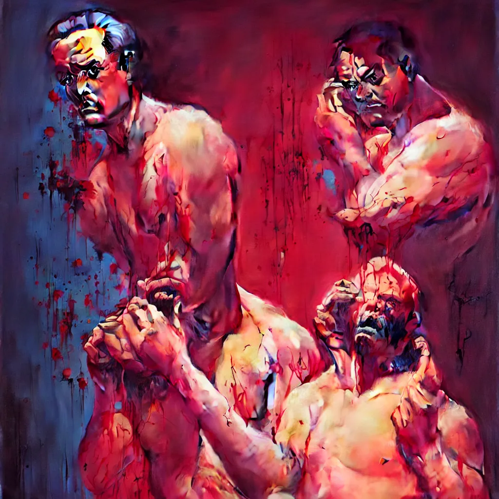 Prompt: weird and disturbing portrait of mike patton puking blood, vivid colors, death, neon, art by ( ( ( kuvshinov ilya ) ) ) and wayne barlowe and francis bacon and artgerm and wlop and william - adolphe bouguereau