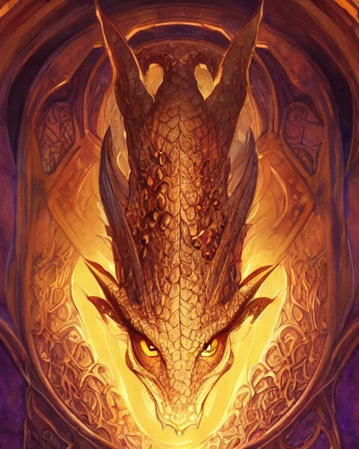 Image similar to smaug the dragon with soul stone in fore head, highly detailed, gold filigree, romantic storybook fantasy, soft cinematic lighting, award, disney concept art watercolor illustration by mandy jurgens and alphonse mucha and alena aenami, pastel color palette, featured on artstation