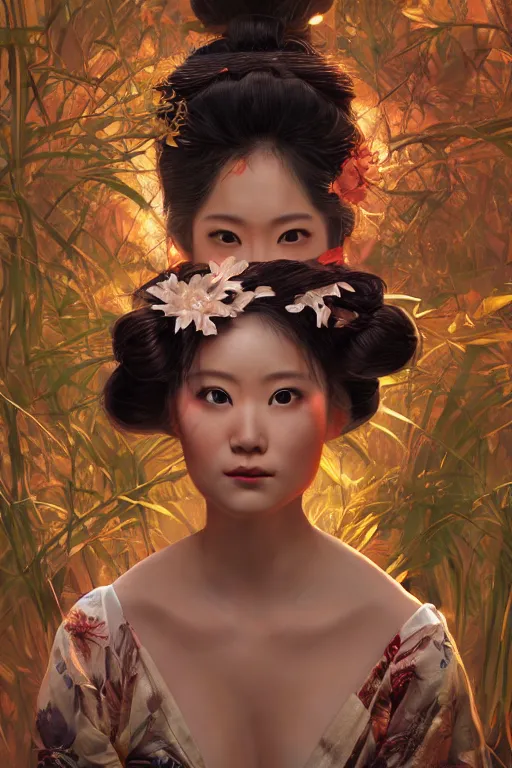 Image similar to stunningly beautiful, drunken geisha prima ballerina in jungle, symmetrical face, golden hour, smooth, focus, highly detailed, hyper realistic, dramatic lighting, elegant, intricate, concept art, art by wlop, mars ravelo, greg rutowski, artstation