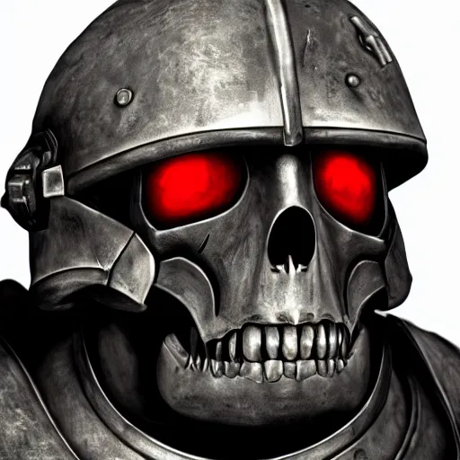 Image similar to space marine, knight, skull helmet, terminator, terrifying, grimdark, horror, war, photorealistic, front view, symmetrical, artstation, dark souls style