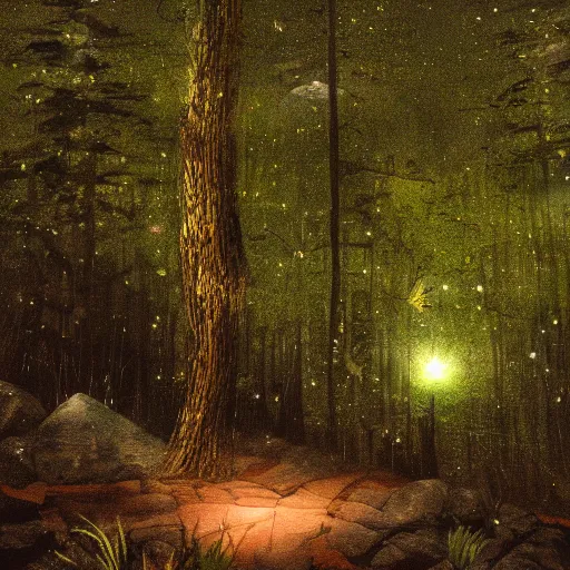 Image similar to shady forest at midnight, moonglow, moon rays, rocks, small creek, fireflies.