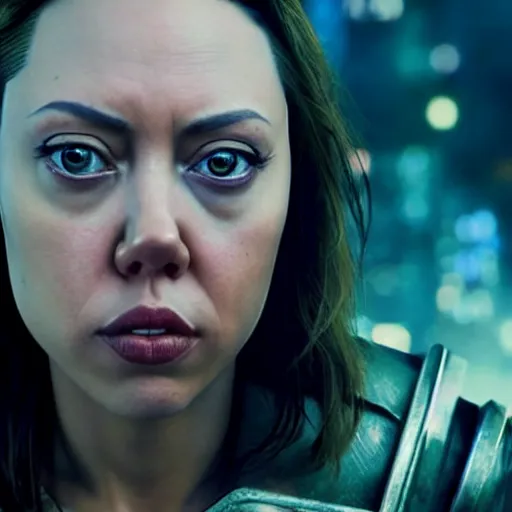 Prompt: promotional beautiful realistic portrait of <A combination of Aubrey Plaza's and Angelina Jolie's and Scarlet Johansson's appearances> as <Cyberpunk Shaman> in the new movie directed by <Tetsuya Nomura>, <heavily armored and brandishing sci-fi blaster>, <perfect face>, movie still frame, promotional image, imax 70 mm footage