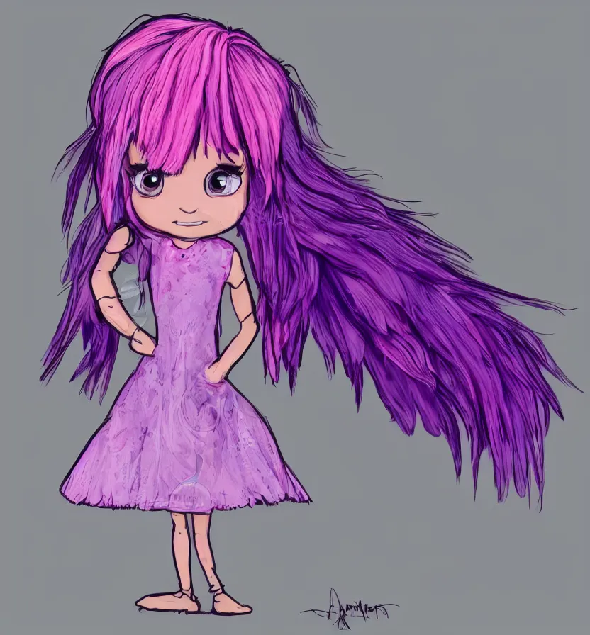 Prompt: little girl with eccentric pink hair wearing a dress made of purple feathers, anatomically perfect, concept art, cartoon art style