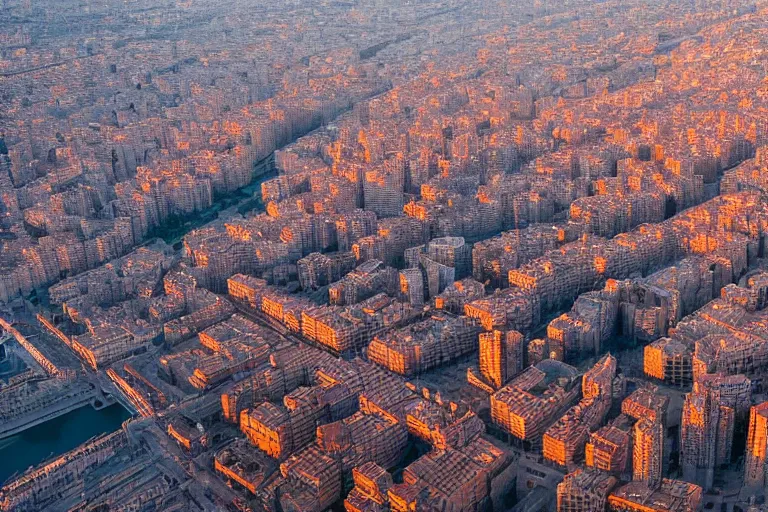 Prompt: dron views of dystopian barcelona city covered with water, global warming, sunset lighting, photo real