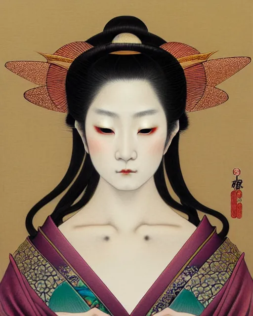 Image similar to portrait of a beautiful japanese goddess, unusual beauty, esoteric, muted colors, head in focus, fantasy art, ornamental aesthetics intricate, elegant, highly detailed, hyperrealistic painting, artstation, concept art, painterly, sharp focus, illustration, art by chie yoshii