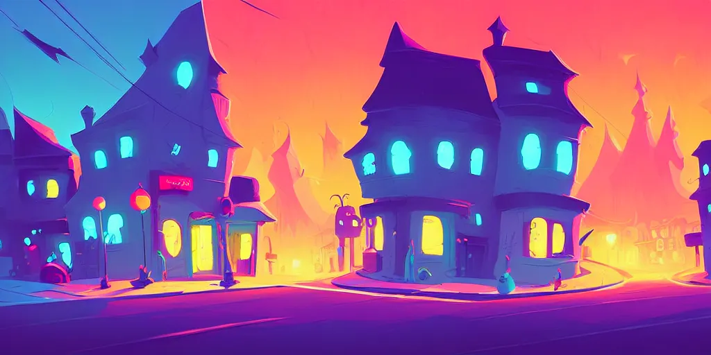 Image similar to curved perspective digital art of a summer small town street from nightmare before christmas by anton fadeev