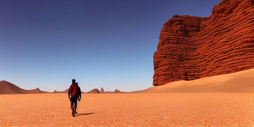 Image similar to of a photography of a man walking on desert , with blue light dark blue sky, long cloths red like silk, ants are big and they shine on the sunlight, there are sand mountains on the background, a very small oasis on the far distant background along with some watch towers, ants are perfect symmetric insects, man is with black skin, the man have a backpack, the man stands out on the image, the ants make a line on the dunes, the sun up on the sky is strong, the sky is blue and there are some clouds, its like a caravan of a man guiding dunes of the desert, colors are strong but calm, volumetric, detailed objects, Arabica style, wide view, 14mm,