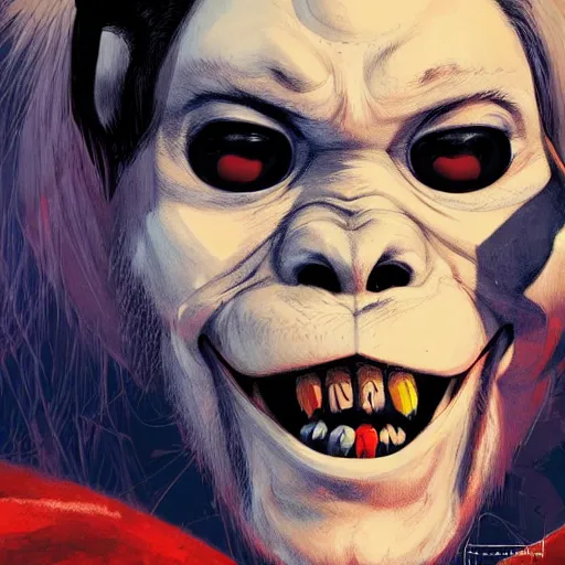 Prompt: Harley Quinn as a young ape kid, illustration, comic, by James Jean, by John Coltrane and Marc Simonetti, high detail of the face, full body