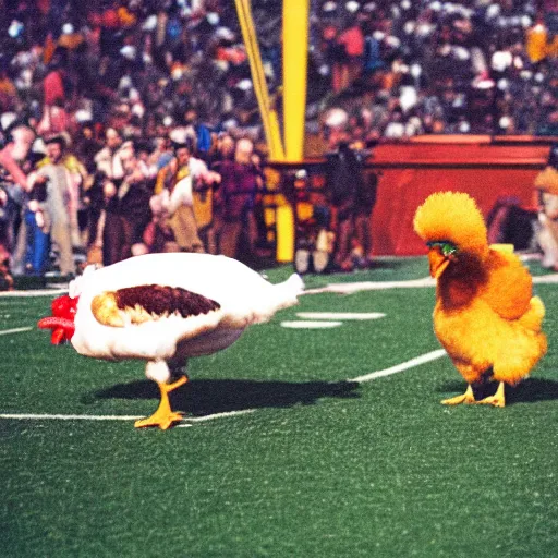 Image similar to the famous funky chicken runs across a football field, interrupting the big game, 3 5 mm