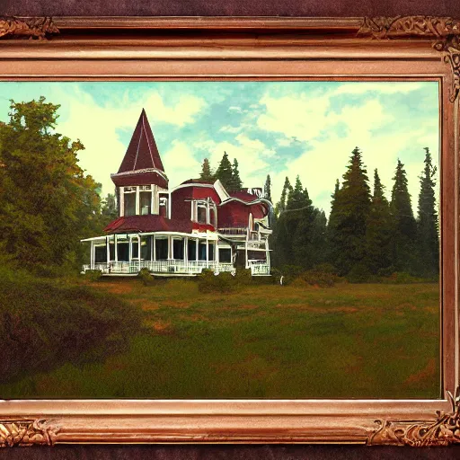 Image similar to Victorian mansion beside an inland lake in rural Maine, artstation, felix Kelly, Bob Ross