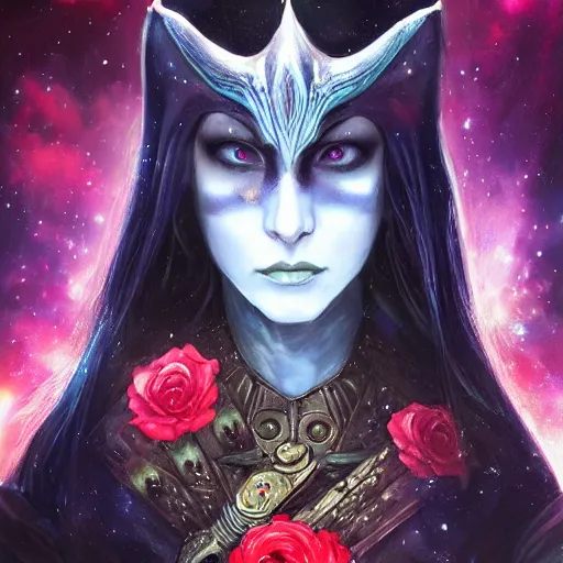 Prompt: Very very very very highly detailed mystic, enigmatic, strange portrait of a phantom warrior with galaxy, roses, shark's teeth by Artgerm, intricate, extremely detailed, digital painting, artstation, concept art, smooth, sharp focus, illustration, intimidating lighting, incredible art,