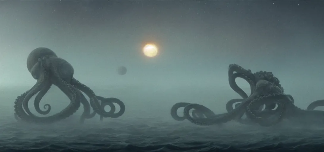 Image similar to a robotic octopus consuming jupiter, foggy, cinematic shot, photo still from movie by denis villeneuve, wayne barlowe