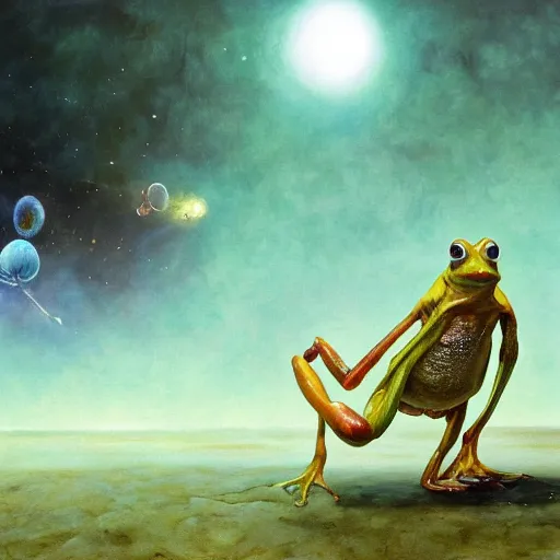 Prompt: long shot of an alien frog, by esao andrews, by m. w. kaluta, by james web telescope, ultra humorous beautiful oil painting, cinematic space scenery, small depth of field, depth perception, volumetric light, rich colors, 3 d octane render, 8 k, conceptart, hyperdetailed, hyperrealistic, trending on artstation