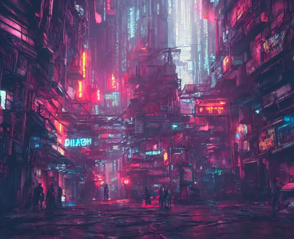 Prompt: close wide angle shot of a matte painting environment design of dystopian cyberpunk alley with neon lights, people on the streets being monitored by flying drones, artstation, design by dreadjim, eddie mendoza, james paick, ultra realistic, volumetric lighting, 4k, octane render