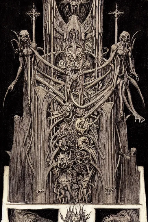 Image similar to occult diagram of a twisted evil pipe organ in the style of wayne barlowe, gustav moreau, goward, Gaston Bussiere and roberto ferri, santiago caruso, ((jose gabriel alegria sabogal)), composition by austin osman spare!