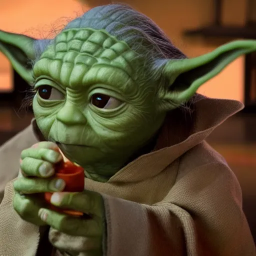 Image similar to A still of Yoda eating arepas, 4k, photograph, ultra realistic, highly detailed, professional lighting