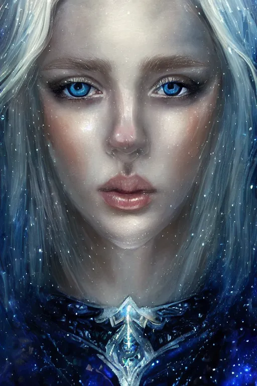 Image similar to Norse blonde goddess of glitter character portrait, lean face, cinematic lighting, hyper-detailed, cgsociety, blue eyes, 8k, high resolution, in the style of Charlie Bowater, Tom Bagshaw, alan lee, single face, symmetrical, headshot photograph, insanely detailed and intricate, beautiful, elegant, watercolor, cinematic, portrait, Raphaelite, headroom, artstation, Pierre-Auguste Renoir