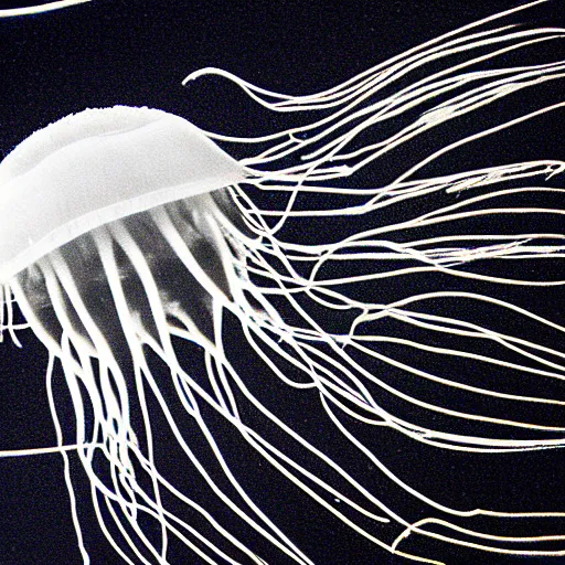 Prompt: A photogram from The First Video of an Extremely Rare Jellyfish Captures Its Striped Tentacles and Spotted, Pulsing Body, HDR, Hyper detailed