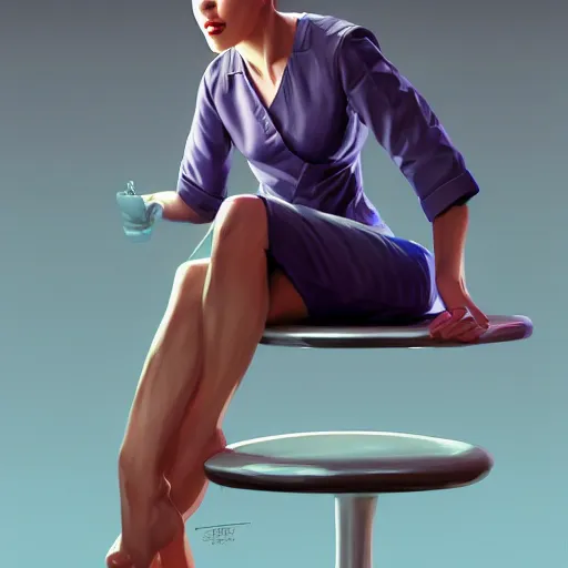 Image similar to portrait of a nurse on a stool, expressive pose, futuristic, highly detailed, digital painting, artstation, concept art, smooth, sharp focus, by Enoch Bolles