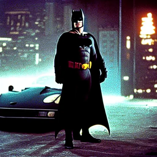 Image similar to henry cavill as batman in batman ( 1 9 8 9 ), standing next to the batmobile, by tim burton, dark deco, gotham city, film still