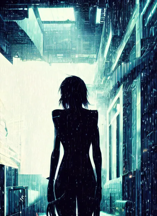 Prompt: cyberpunk woman, raining, in an alley at night back lit, by webang111 and WLOP, by Ilya Kuvshinov, trending on artstation, 8k, Intricate, Unreal Engine