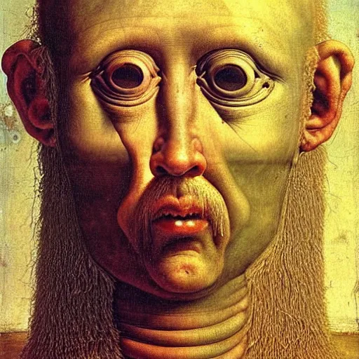 Prompt: half boy half old man made of greasy spaghetti, by giuseppe arcimboldo and ambrosius benson, renaissance, intricate and wet oil paint, a touch of beksinski, realistic