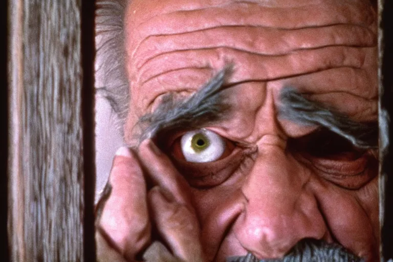 Image similar to A close-up portrait of Jack Nicholson's manic wide-eyed crazy face peeking through a hole in a torn wooden door, film still from The Shining by Stanley Kubrick, Eastman Color Negative II 100T 5247/7247, ARRIFLEX 35 BL Camera, 1:37:1 ratio