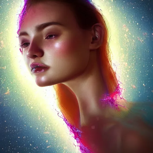 Prompt: A stunning young ethereal figure, delicately positioned and entwined in vibrant fluid hues, is being drawn into a blackhole, Fantasy, hyperrealism, 4k, volumetric lighting, three dimensions, a digitally transformed world, user interface design, 3D modeling, artstation, illustration, and transportation design. art by Andrew Chiampo, Frederik Heyman and Jonathan Zawada, 4k