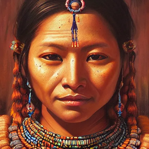 Image similar to portrait of a mayan woman ( 3 5 ) from mesoamerica, an oil painting by ross tran and thomas kincade