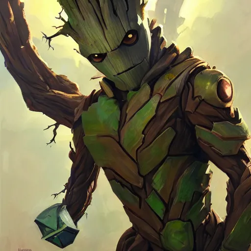 Image similar to greg manchess portrait painting of armored groot as overwatch character, medium shot, asymmetrical, profile picture, organic painting, sunny day, matte painting, bold shapes, hard edges, street art, trending on artstation, by huang guangjian and gil elvgren and sachin teng