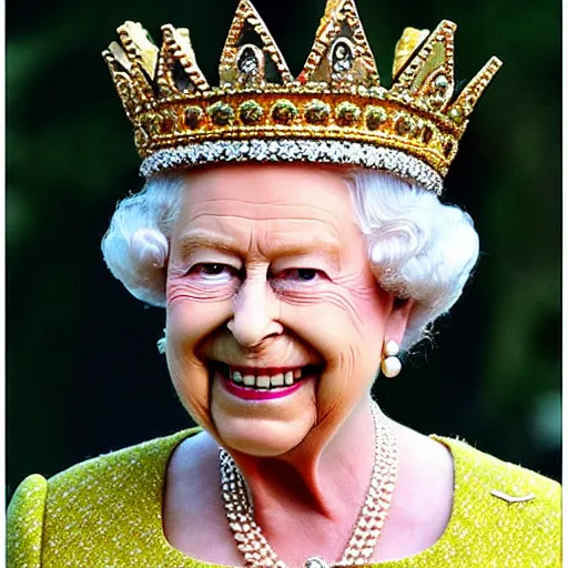 Prompt: the queen of england with a pineapple as a crown with jewels