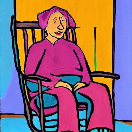 Image similar to old woman crying sitting in a rocking chair, expressionism