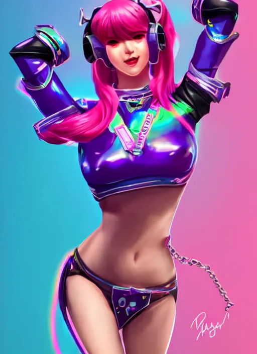 Image similar to full body digital artwork of dva overwatch, wearing iridescent rainbow latex bikini, 4 k, expressive happy smug expression, makeup, in style of mark arian, wearing detailed pink leather collar, wearing chains, detailed face and eyes,