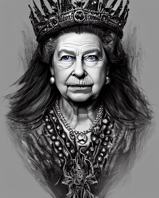 Image similar to Queen Elizabeth II as a hag witch, highly detailed face, realistic face, beautiful detailed eyes, fantasy art, illustration, epic, fantasy, intricate, hyper detailed, artstation, concept art, smooth, sharp focus, by jerad s marantz