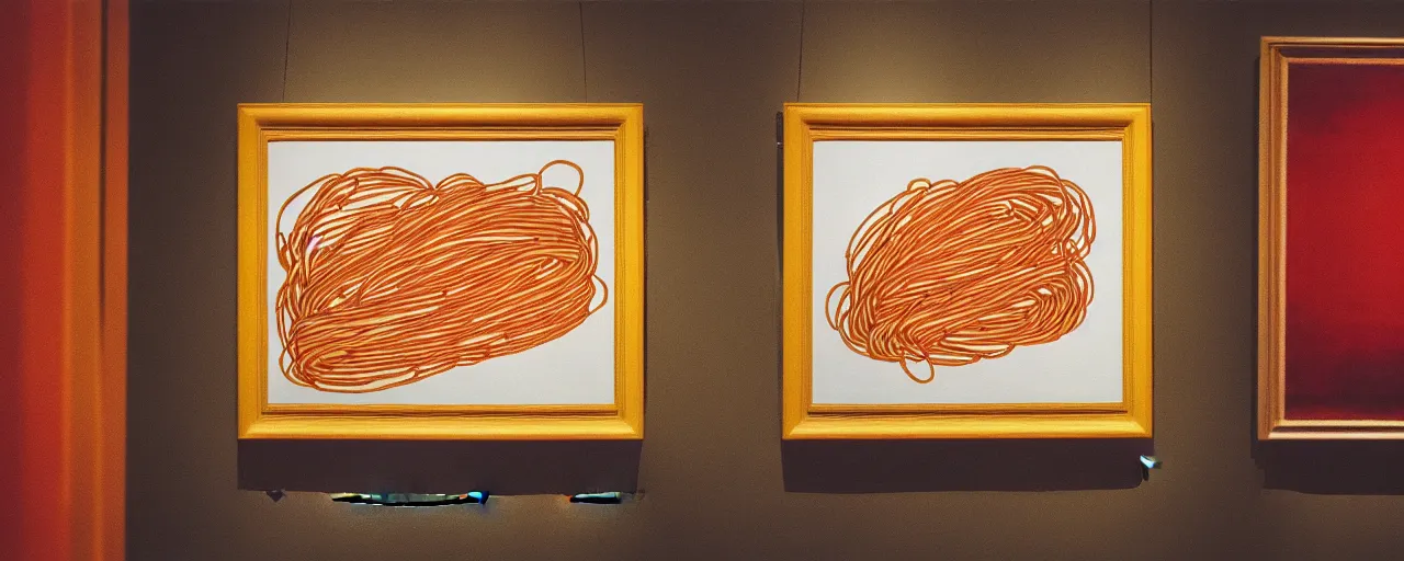 Prompt: a spaghetti painting hanging in an art museum, canon 5 0 mm, kodachrome, retro, n the style of wes anderson