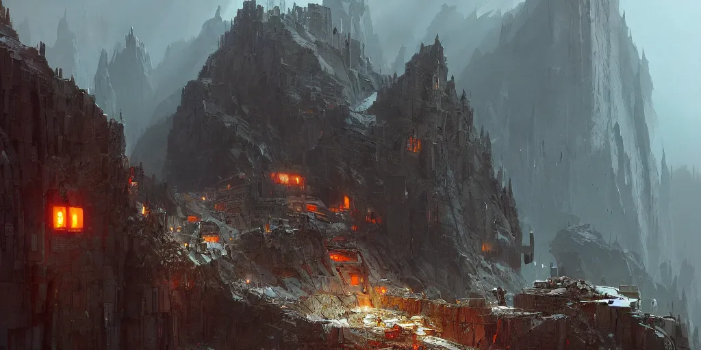 Image similar to concept art of a post apocalyptic monastery laboratory at the top of a jagged mountain, grimy, gritty, blade runner 2 0 4 9, trending on artstation, award winning painting, cgi, art by john berkey and anton fadeev and john howe and simon stalenhag
