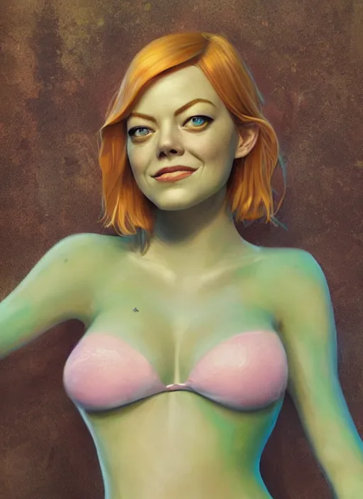 Image similar to portrait of emma stone as shrek, naturel, hyper detailed, digital art, trending in artstation, cinematic lighting, studio quality, smooth render, unreal engine 5 rendered, octane rendered, art style by klimt and nixeu and ian sprigger and wlop and krenz cushart.