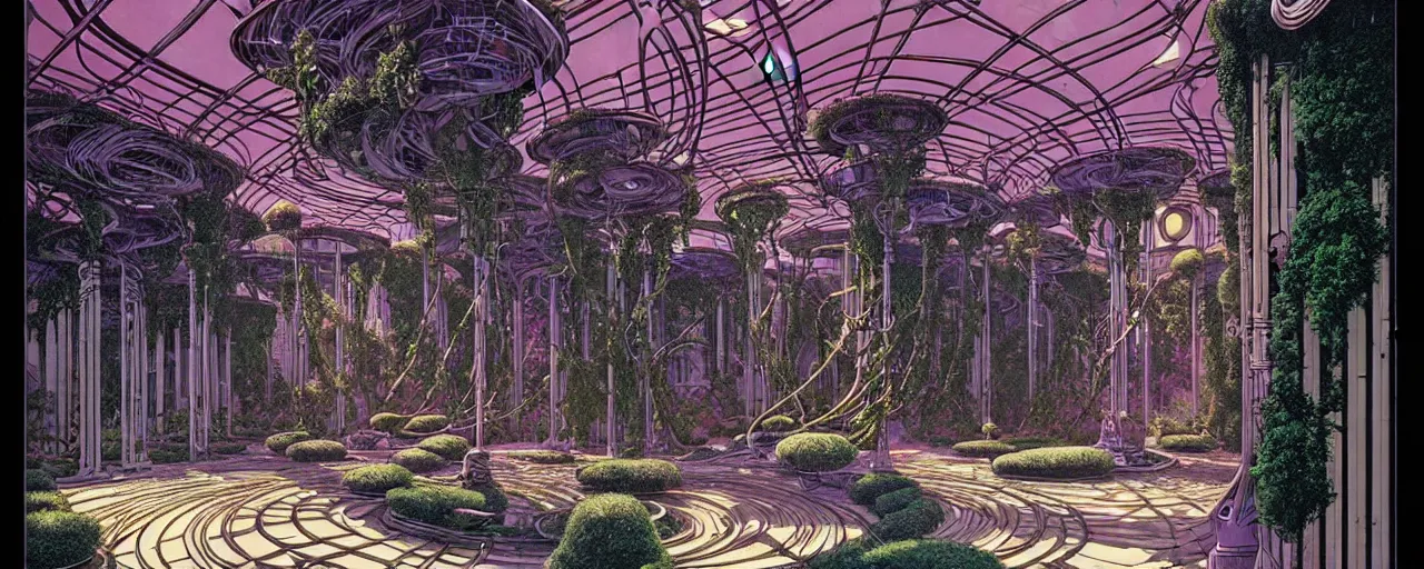 Image similar to a luxurious scifi futuristic victorian garden courtyard by killian eng, moebius, philippe druillet