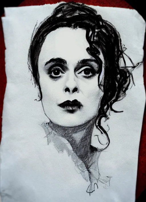 Prompt: sketch portrait of helena bonham carter in tim burten style on napkin