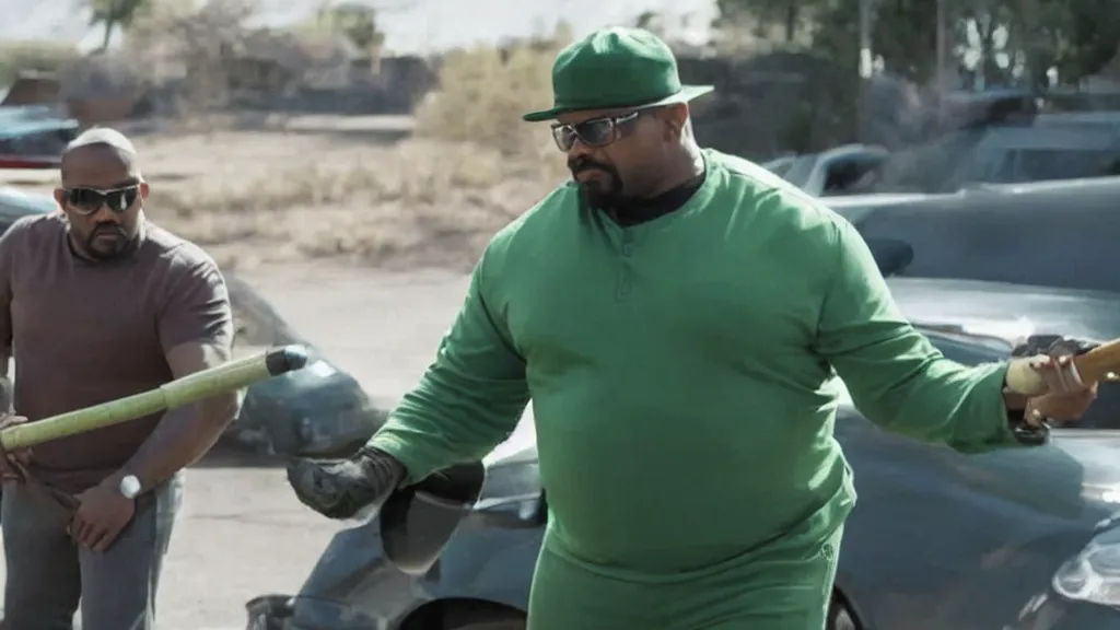 Prompt: Still of Big Smoke with green clothing wielding a baseball bat in Better Call Saul