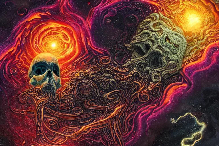 Image similar to a giant skull and flesh creature with deep and intricate rune carvings and glowing eyes and twisting lovecraftian tentacles emerging from a space nebula by dan mumford, twirling smoke trail, a twisting vortex of dying galaxies, digital art, photorealistic, vivid colors, highly detailed, intricate